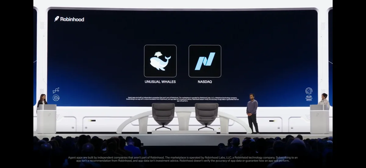 Robinhood keynote stage in September 2026 showing Unusual Whales and Nasdaq as the two featured agent apps in the Robinhood agent app marketplace