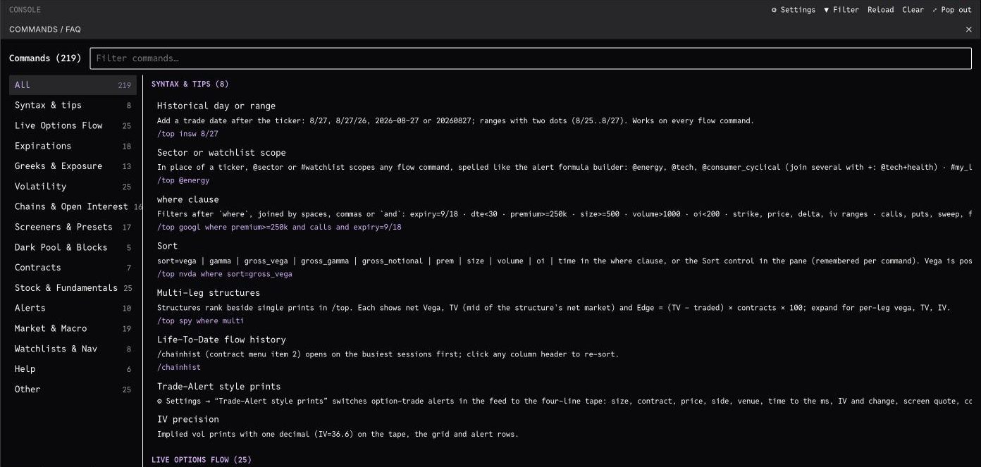 The searchable command list in the console