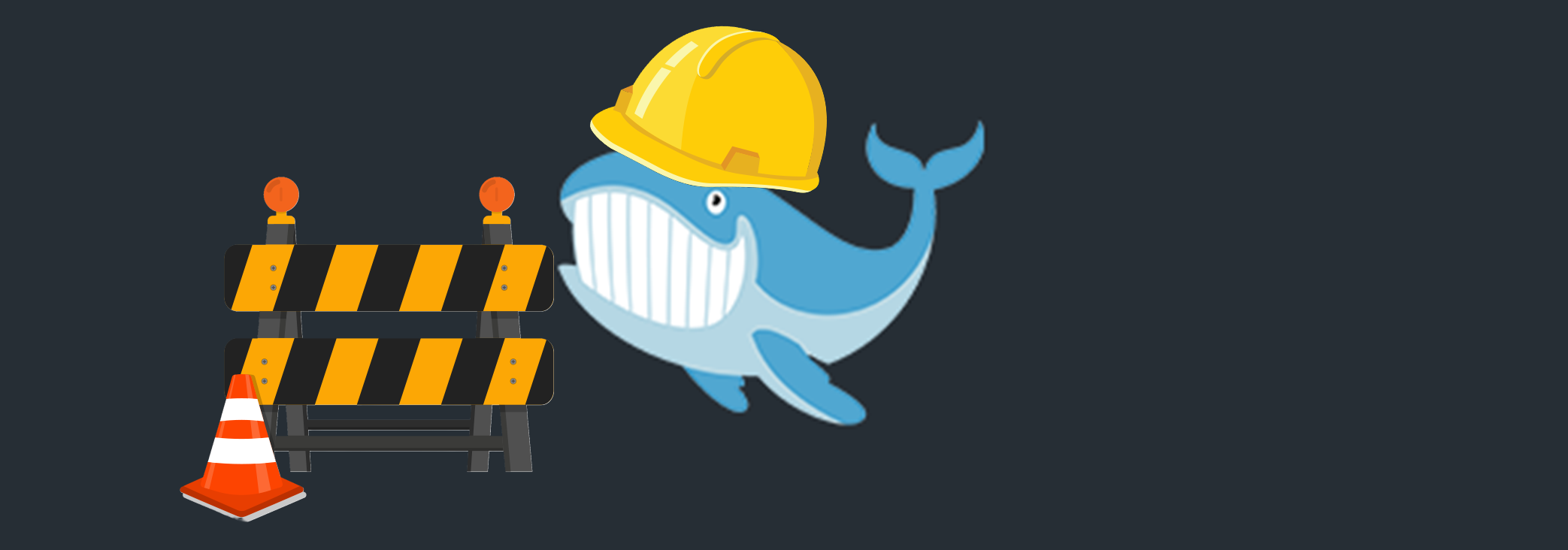 Whale in a hard hat next to a construction barricade